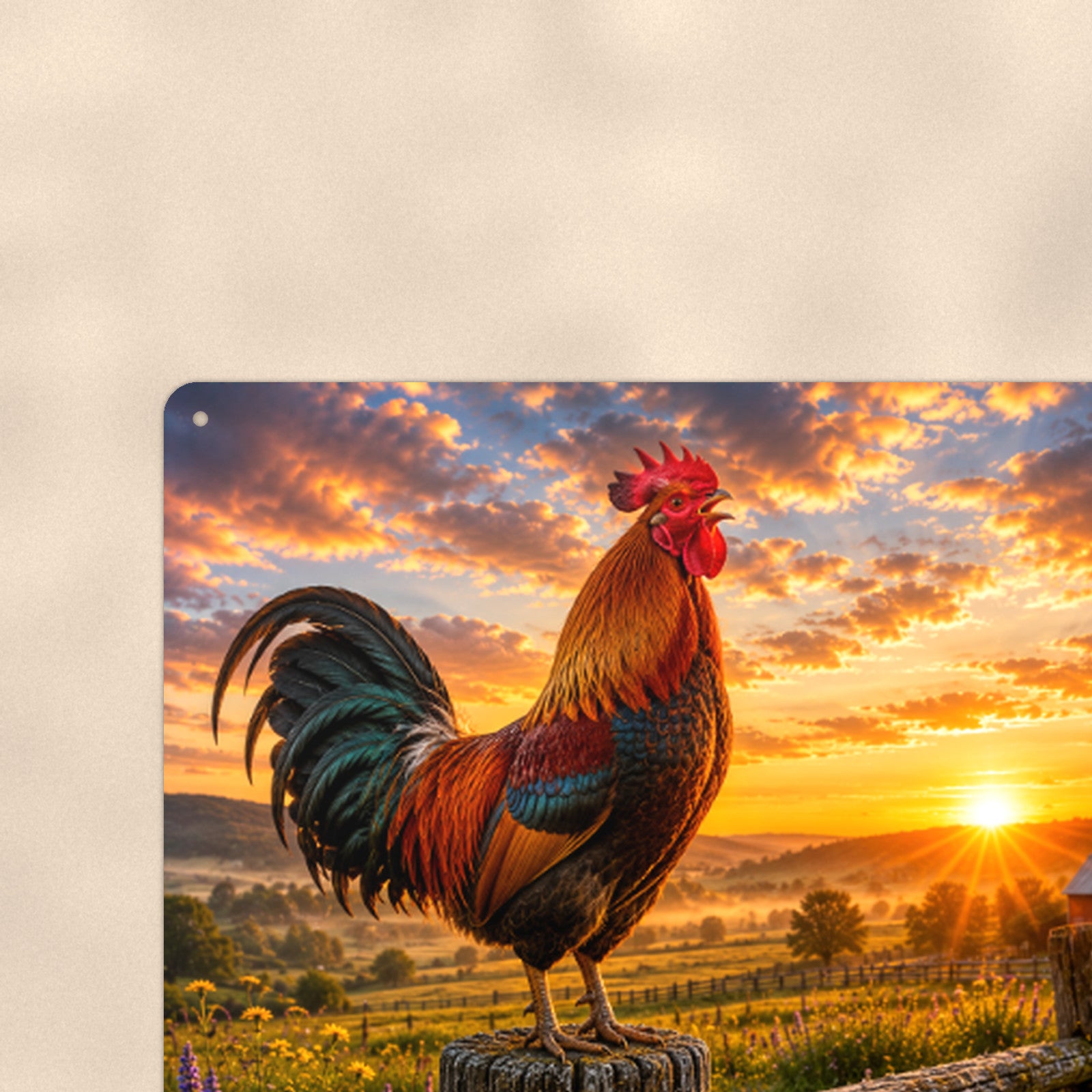 Rooster on the Post at Sunrise aluminum metal sign 12" x 8" - close-up view of the printed artwork