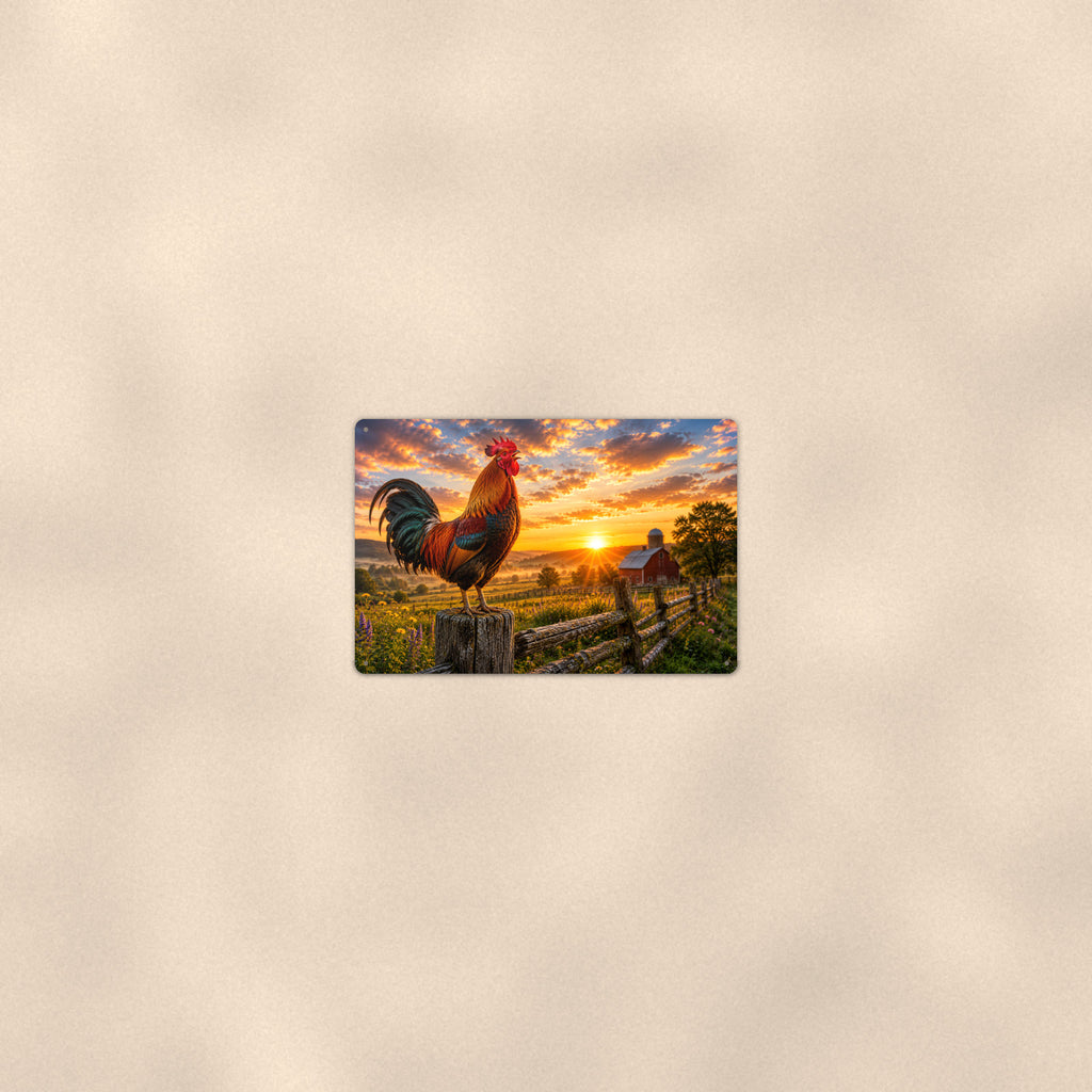 Rooster on the Post at Sunrise aluminum metal sign 12" x 8" - room view on warm wall