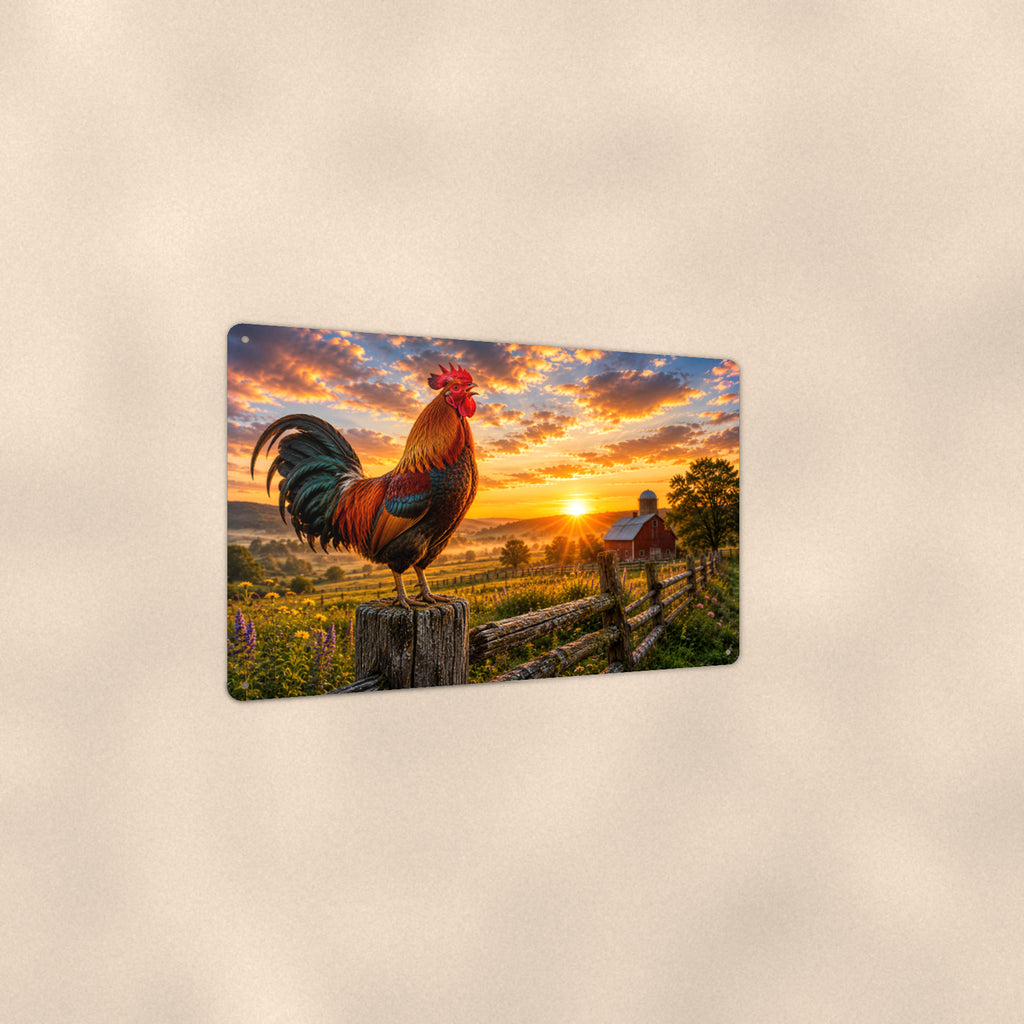 Rooster on the Post at Sunrise aluminum metal sign 12" x 8" - angled view showing glossy finish