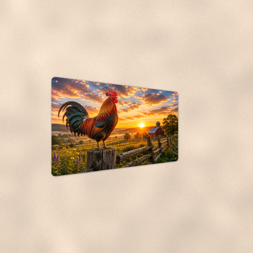 Rooster on the Post at Sunrise aluminum metal sign 12" x 8" - angled wall view from a wider angle