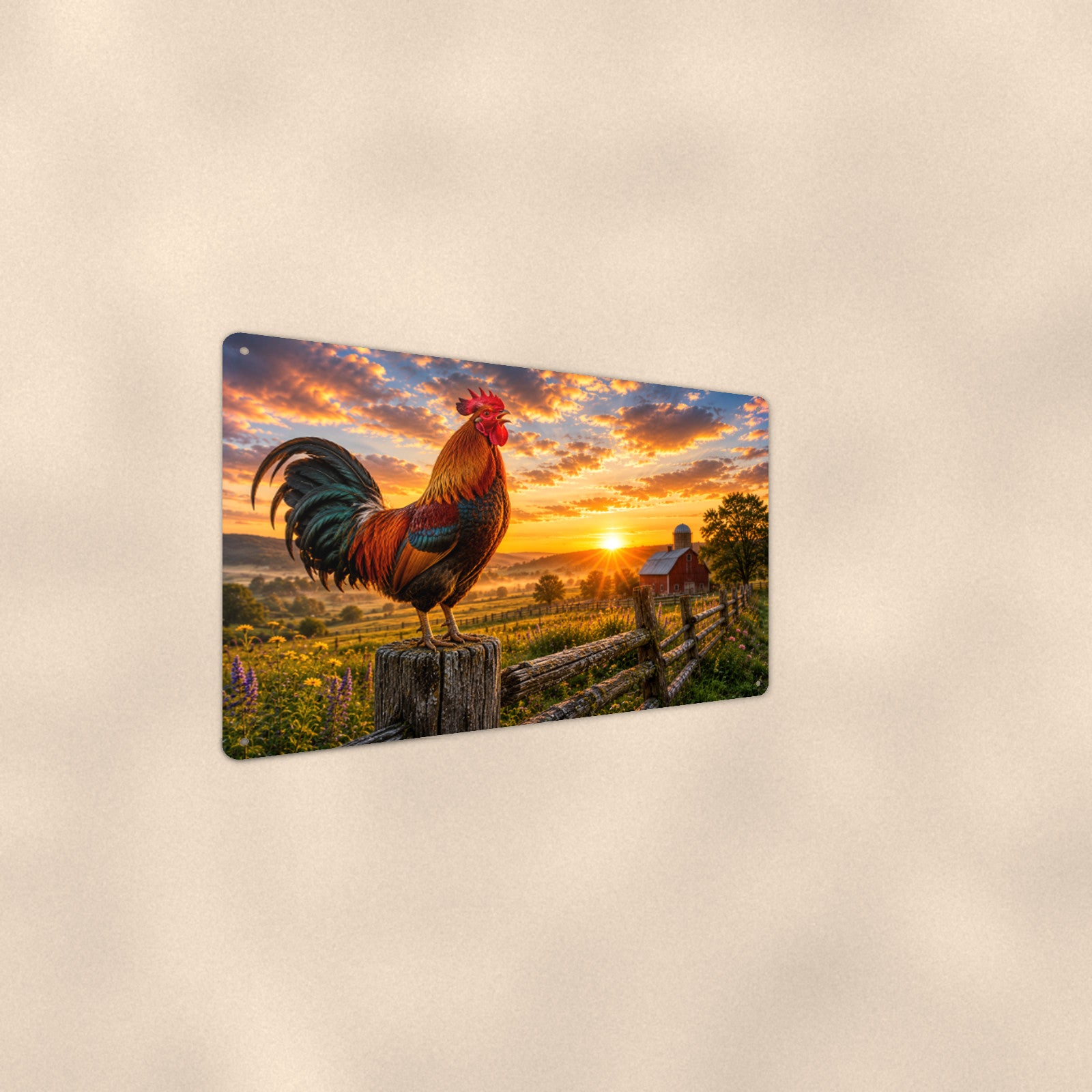 Rooster on the Post at Sunrise aluminum metal sign 12" x 8" - angled wall view from a wider angle