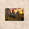 Barred Rock Rooster at the Barn Star aluminum metal sign 12" x 8" - front view on warm wall