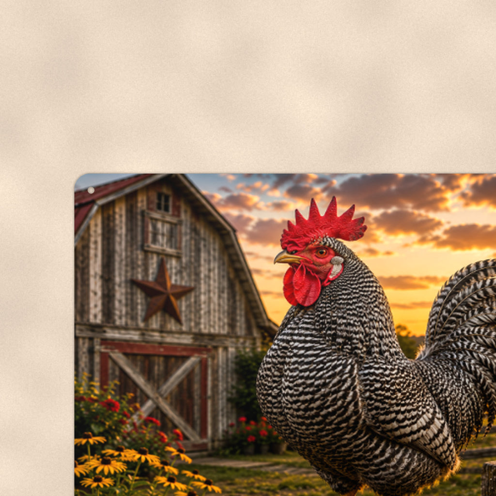 Barred Rock Rooster at the Barn Star aluminum metal sign 12" x 8" - close-up view of the printed artwork