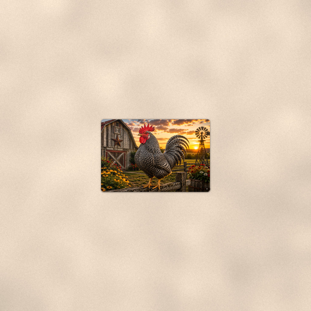 Barred Rock Rooster at the Barn Star aluminum metal sign 12" x 8" - room view on warm wall