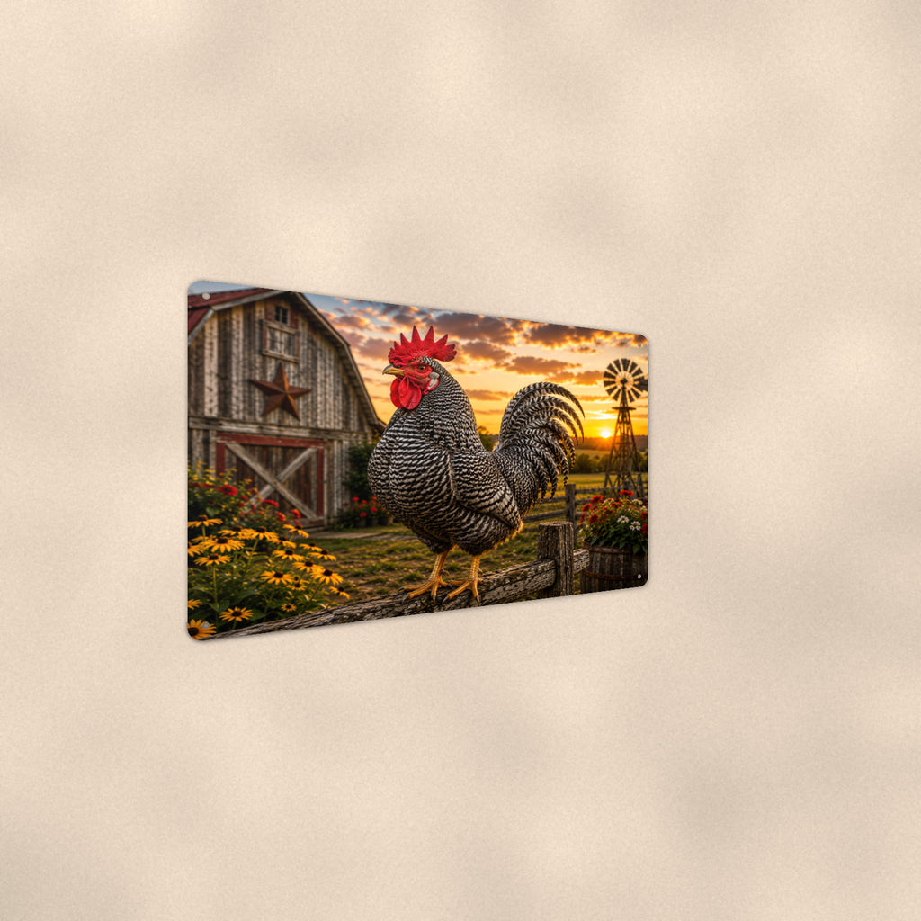 Barred Rock Rooster at the Barn Star aluminum metal sign 12" x 8" - angled wall view from a wider angle