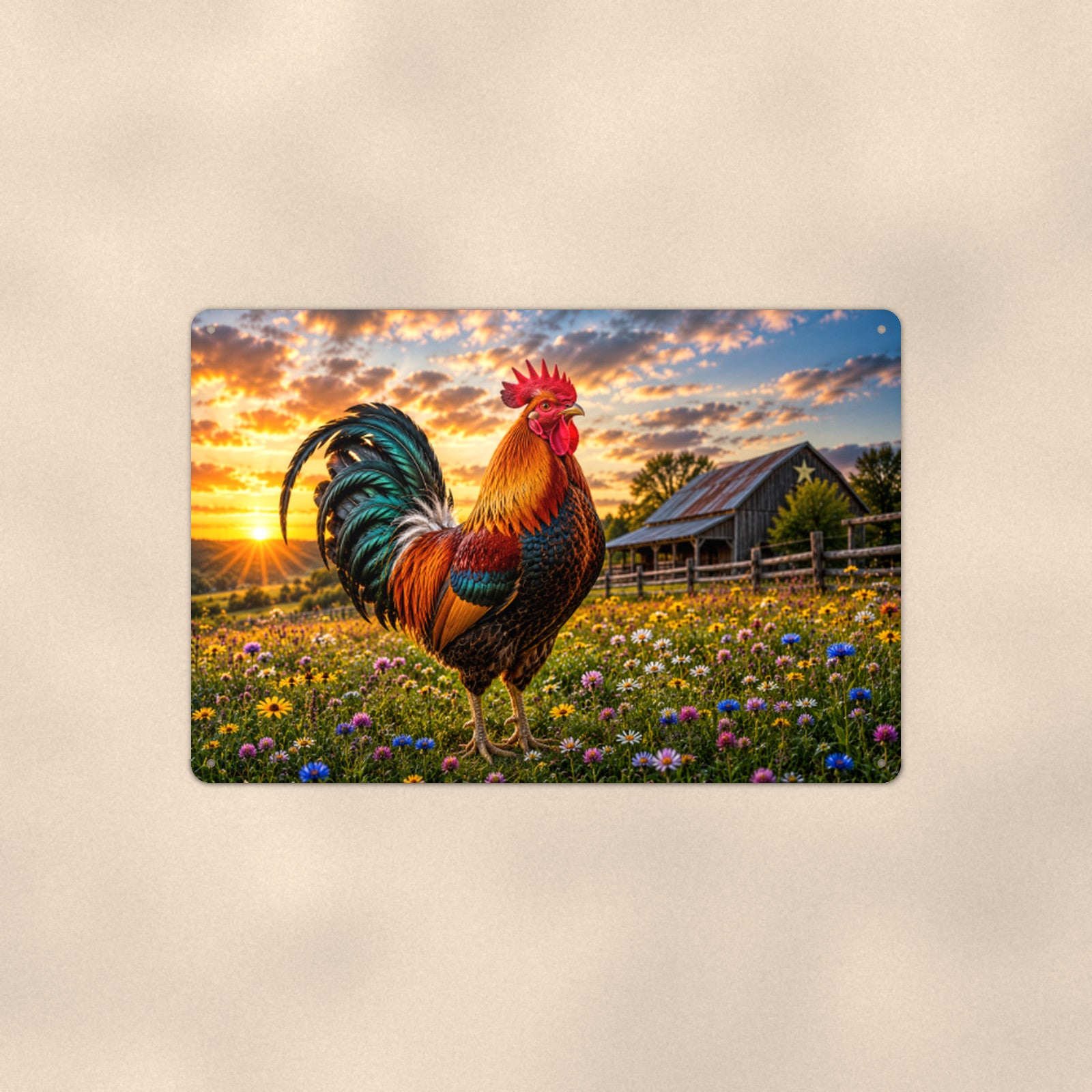Rooster in the Wildflower Meadow aluminum metal sign 12" x 8" - front view on warm wall