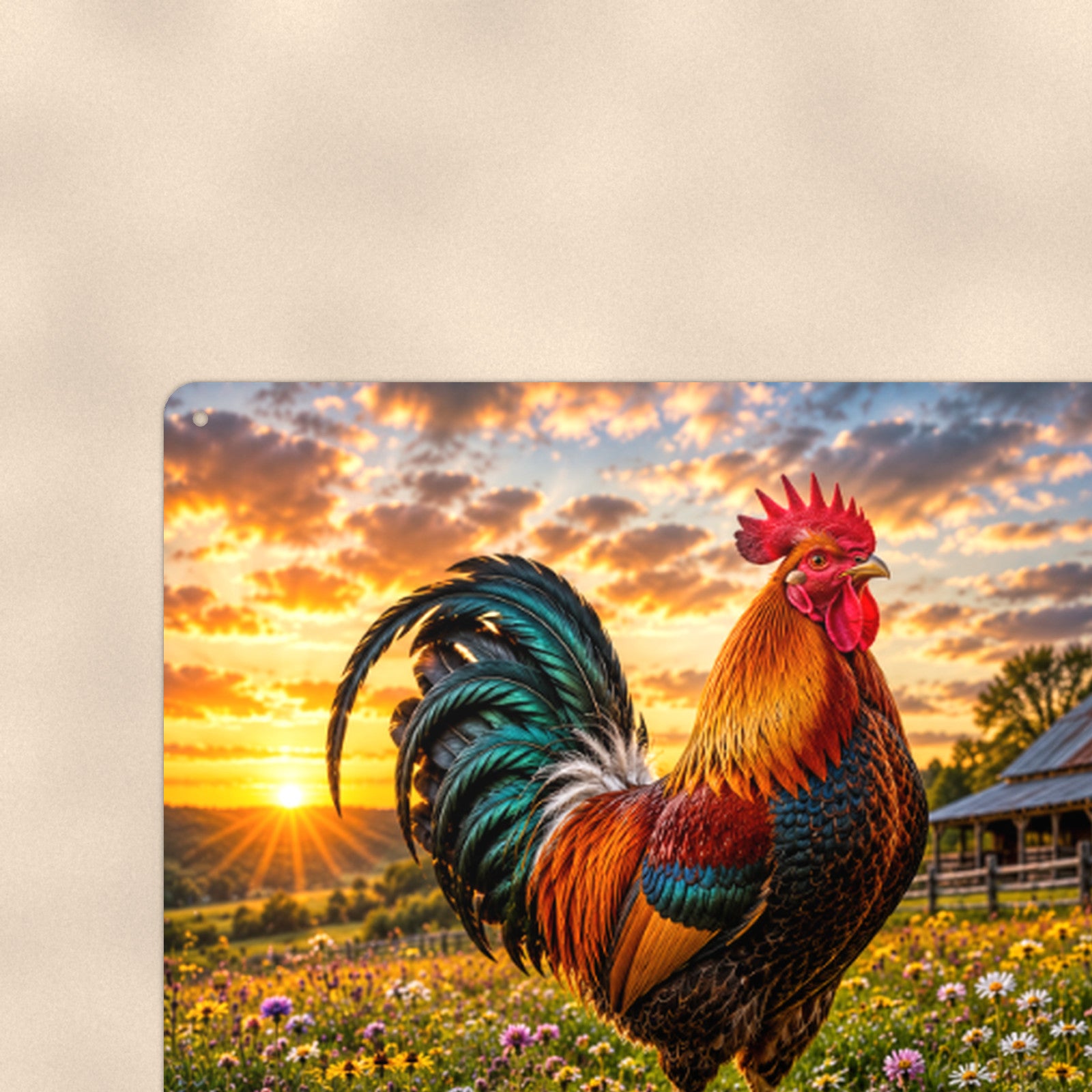 Rooster in the Wildflower Meadow aluminum metal sign 12" x 8" - close-up view of the printed artwork