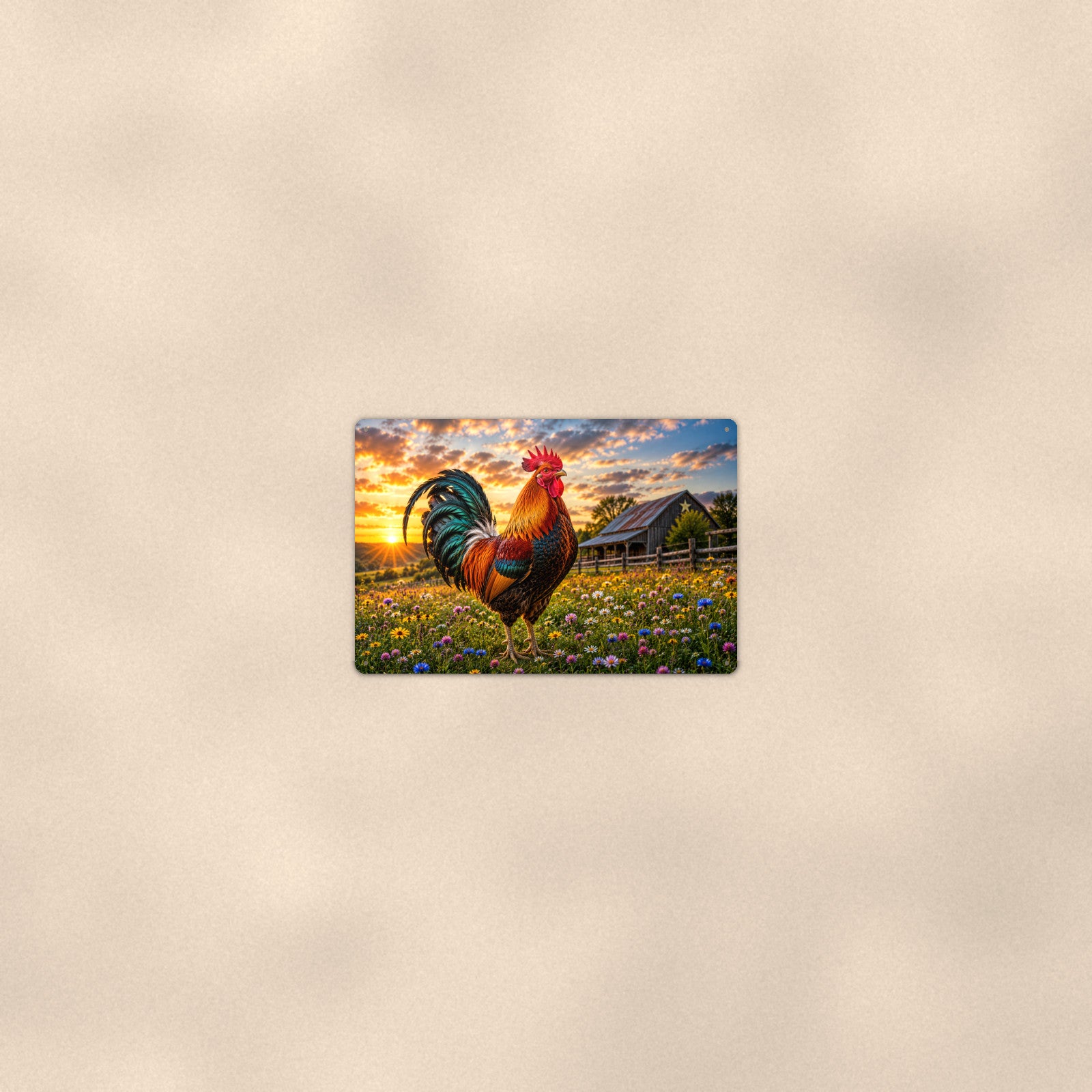 Rooster in the Wildflower Meadow aluminum metal sign 12" x 8" - room view on warm wall