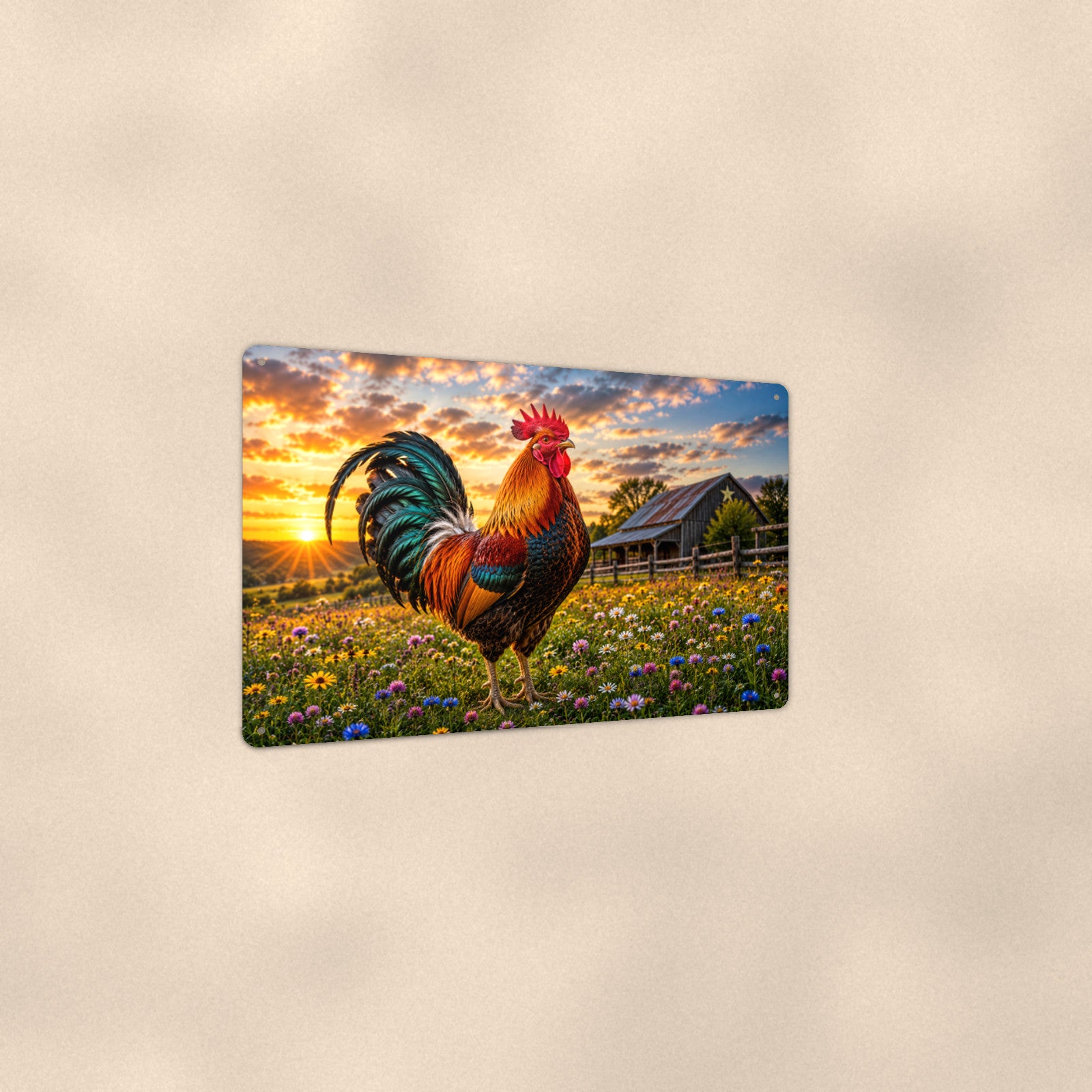 Rooster in the Wildflower Meadow aluminum metal sign 12" x 8" - angled view showing glossy finish