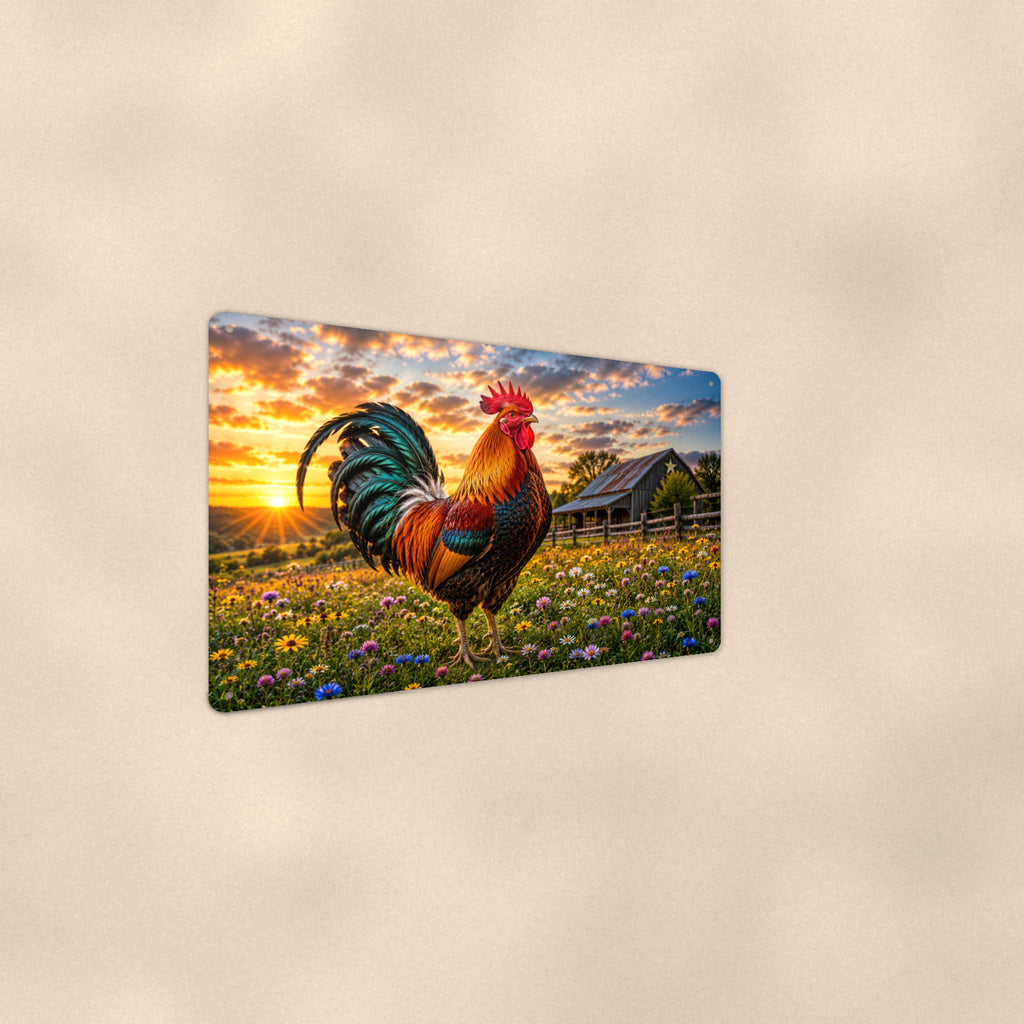Rooster in the Wildflower Meadow aluminum metal sign 12" x 8" - angled wall view from a wider angle