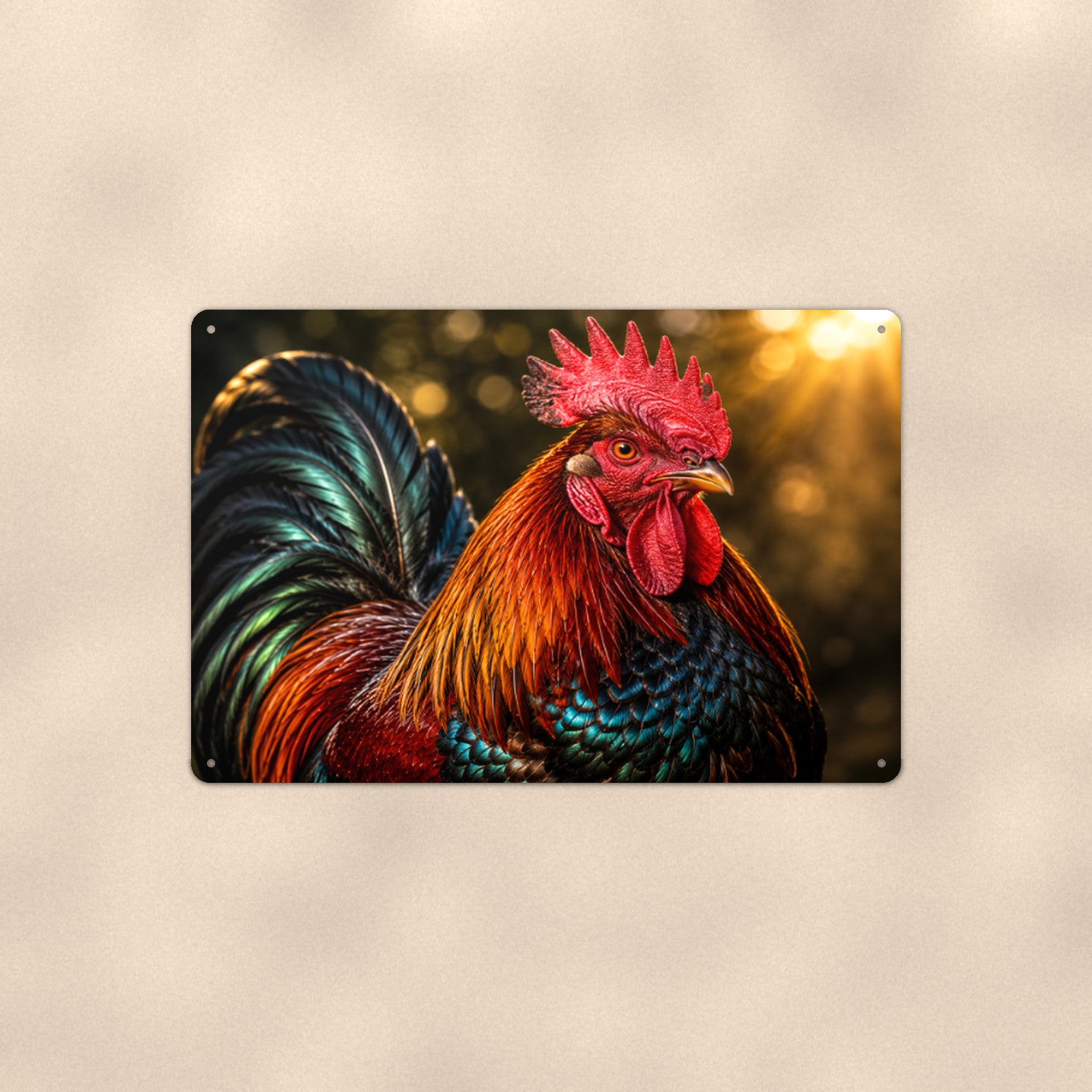 Iridescent Rooster Portrait aluminum metal sign 12" x 8" - front view on warm wall