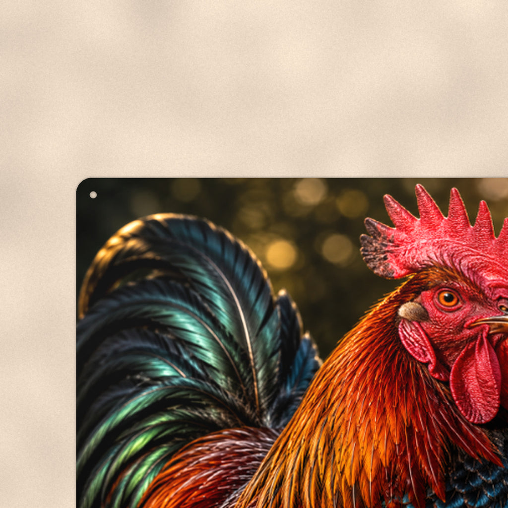 Iridescent Rooster Portrait aluminum metal sign 12" x 8" - close-up view of the printed artwork