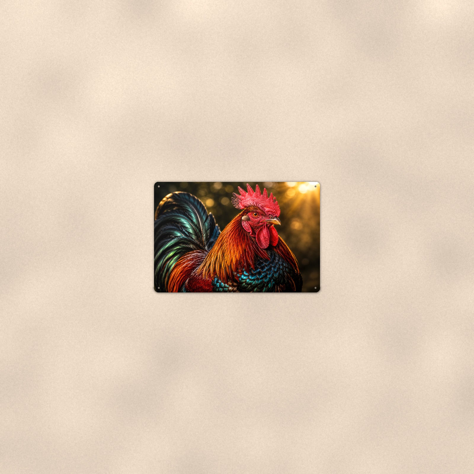 Iridescent Rooster Portrait aluminum metal sign 12" x 8" - room view on warm wall