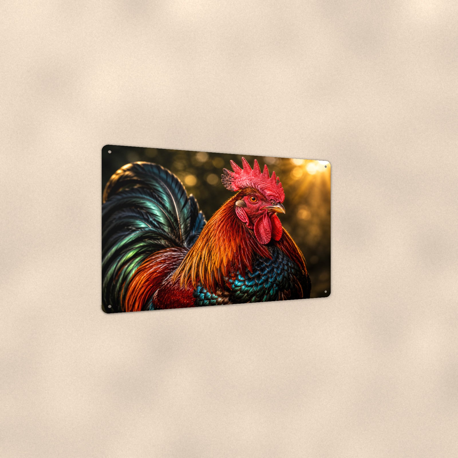Iridescent Rooster Portrait aluminum metal sign 12" x 8" - angled view showing glossy finish