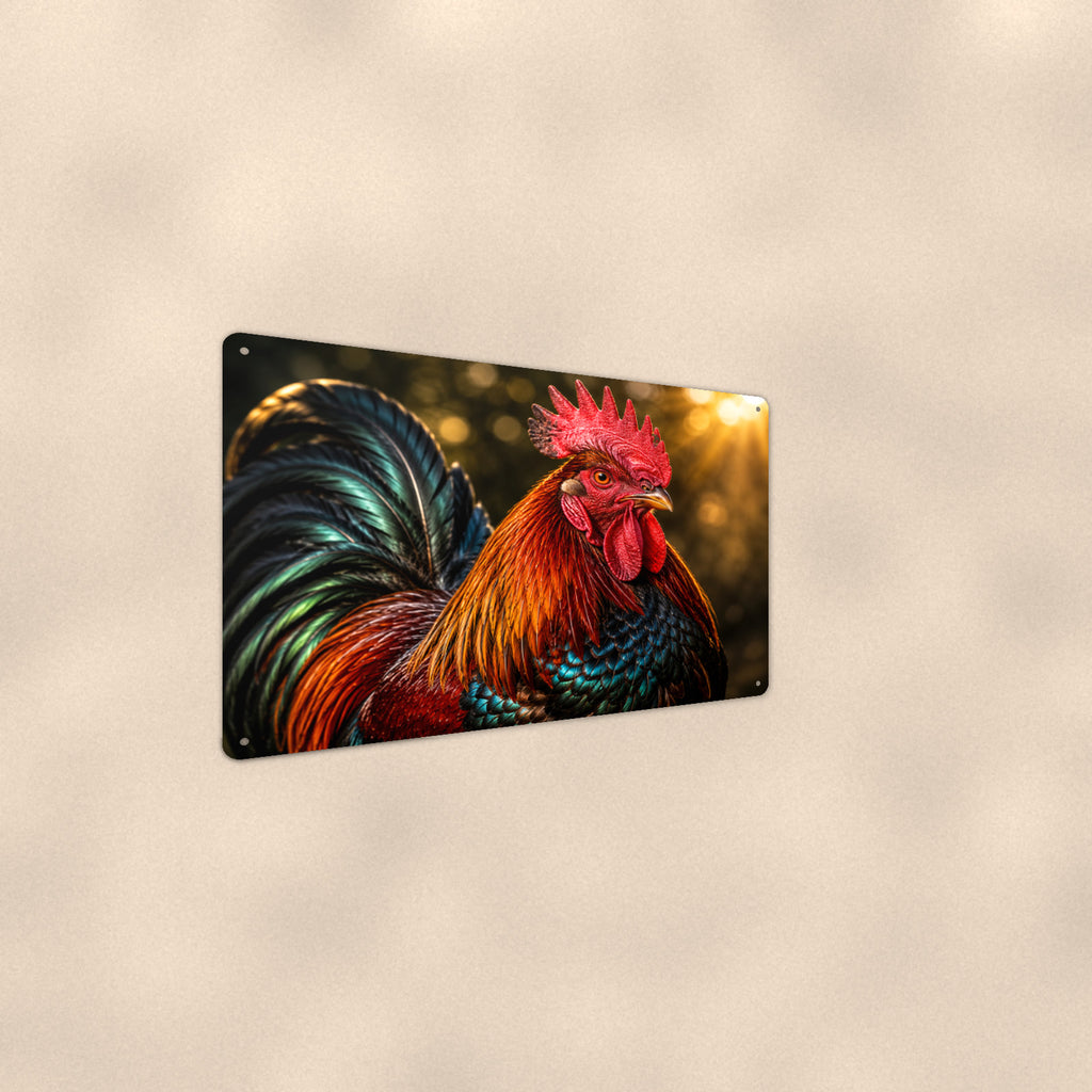 Iridescent Rooster Portrait aluminum metal sign 12" x 8" - angled wall view from a wider angle