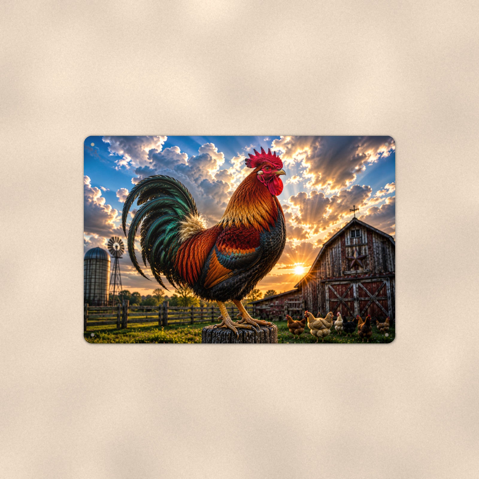 Rooster at the Windmill aluminum metal sign 12" x 8" - front view on warm wall