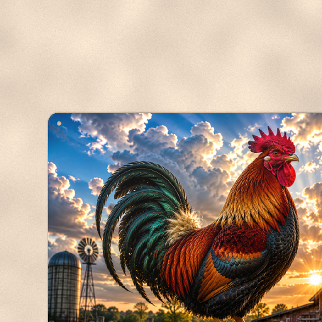 Rooster at the Windmill aluminum metal sign 12" x 8" - close-up view of the printed artwork