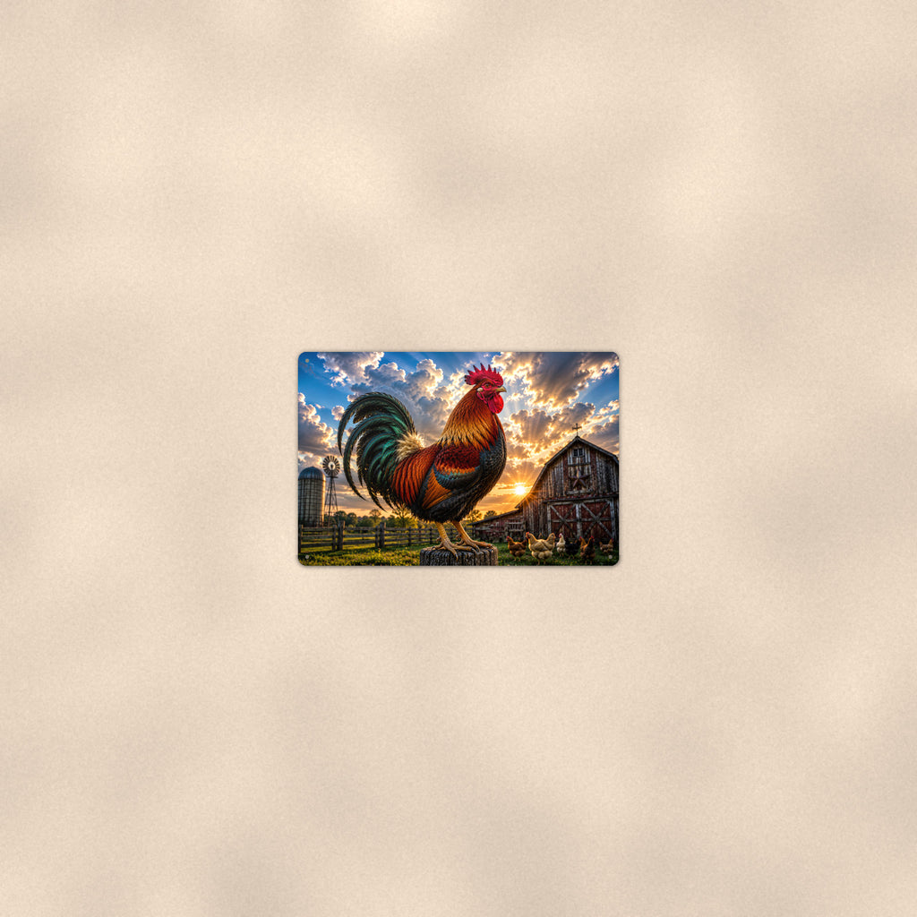 Rooster at the Windmill aluminum metal sign 12" x 8" - room view on warm wall