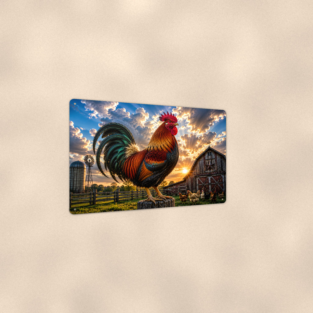 Rooster at the Windmill aluminum metal sign 12" x 8" - angled view showing glossy finish