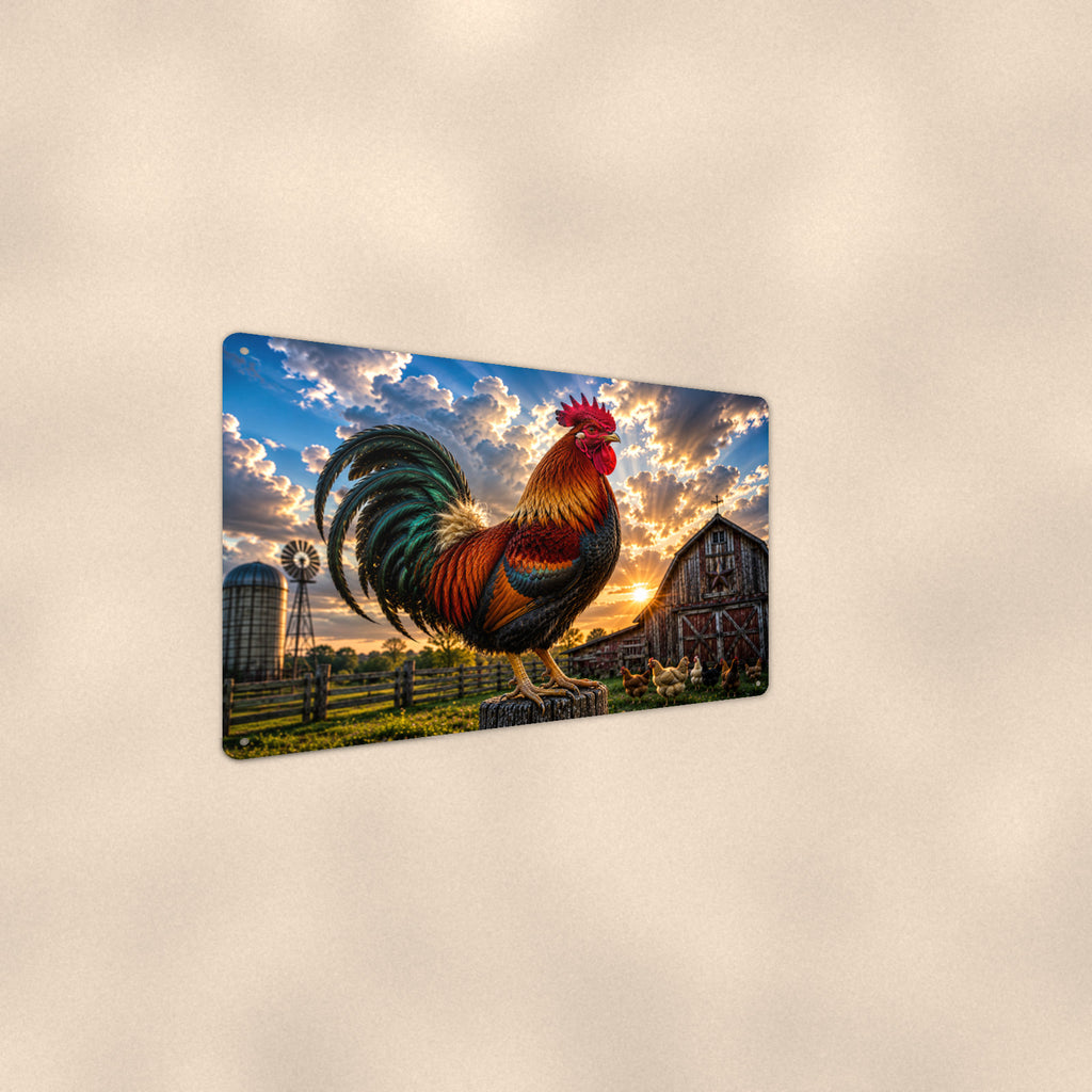 Rooster at the Windmill aluminum metal sign 12" x 8" - angled wall view from a wider angle