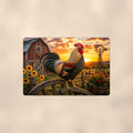 Rooster with Sunflowers and Wagon Wheel aluminum metal sign 12" x 8" - front view on warm wall