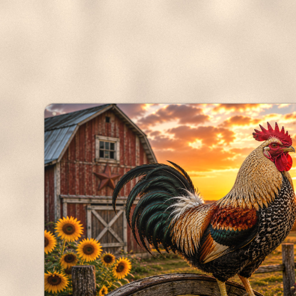 Rooster with Sunflowers and Wagon Wheel aluminum metal sign 12" x 8" - close-up view of the printed artwork