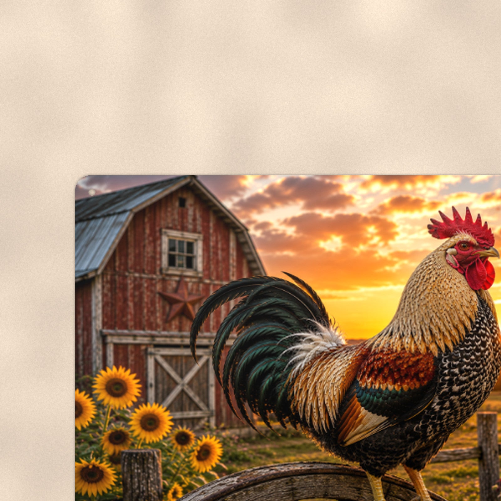 Rooster with Sunflowers and Wagon Wheel aluminum metal sign 12" x 8" - close-up view of the printed artwork