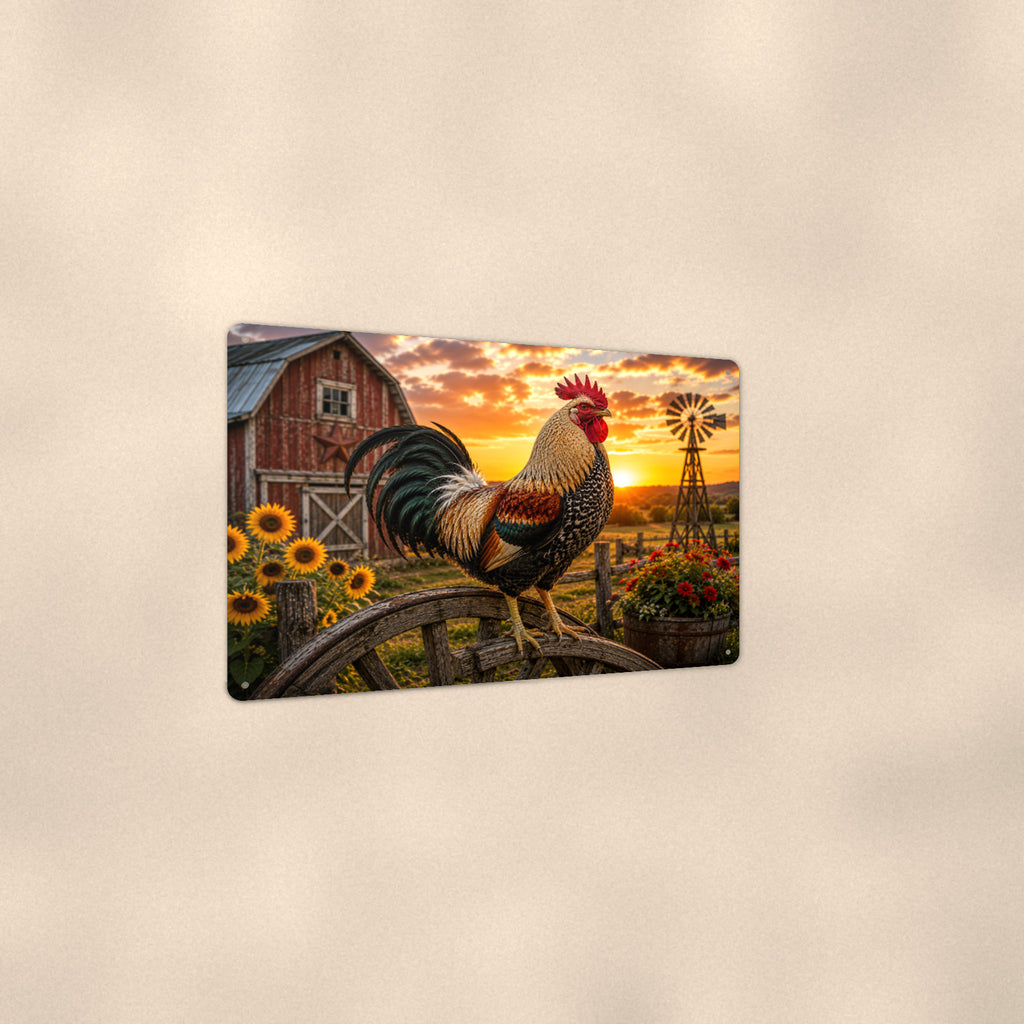 Rooster with Sunflowers and Wagon Wheel aluminum metal sign 12" x 8" - angled view showing glossy finish
