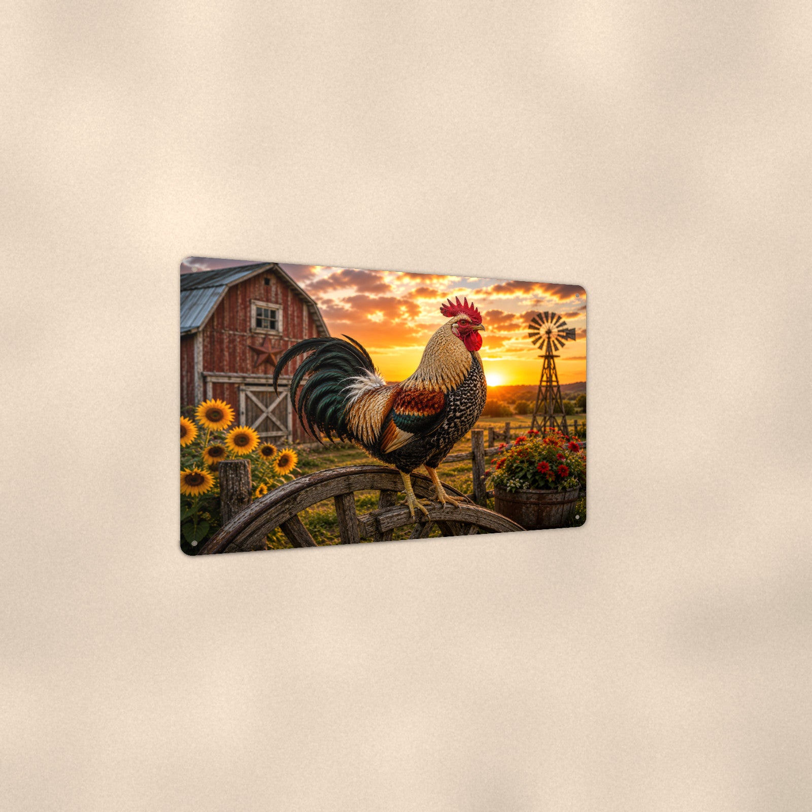 Rooster with Sunflowers and Wagon Wheel aluminum metal sign 12" x 8" - angled view showing glossy finish