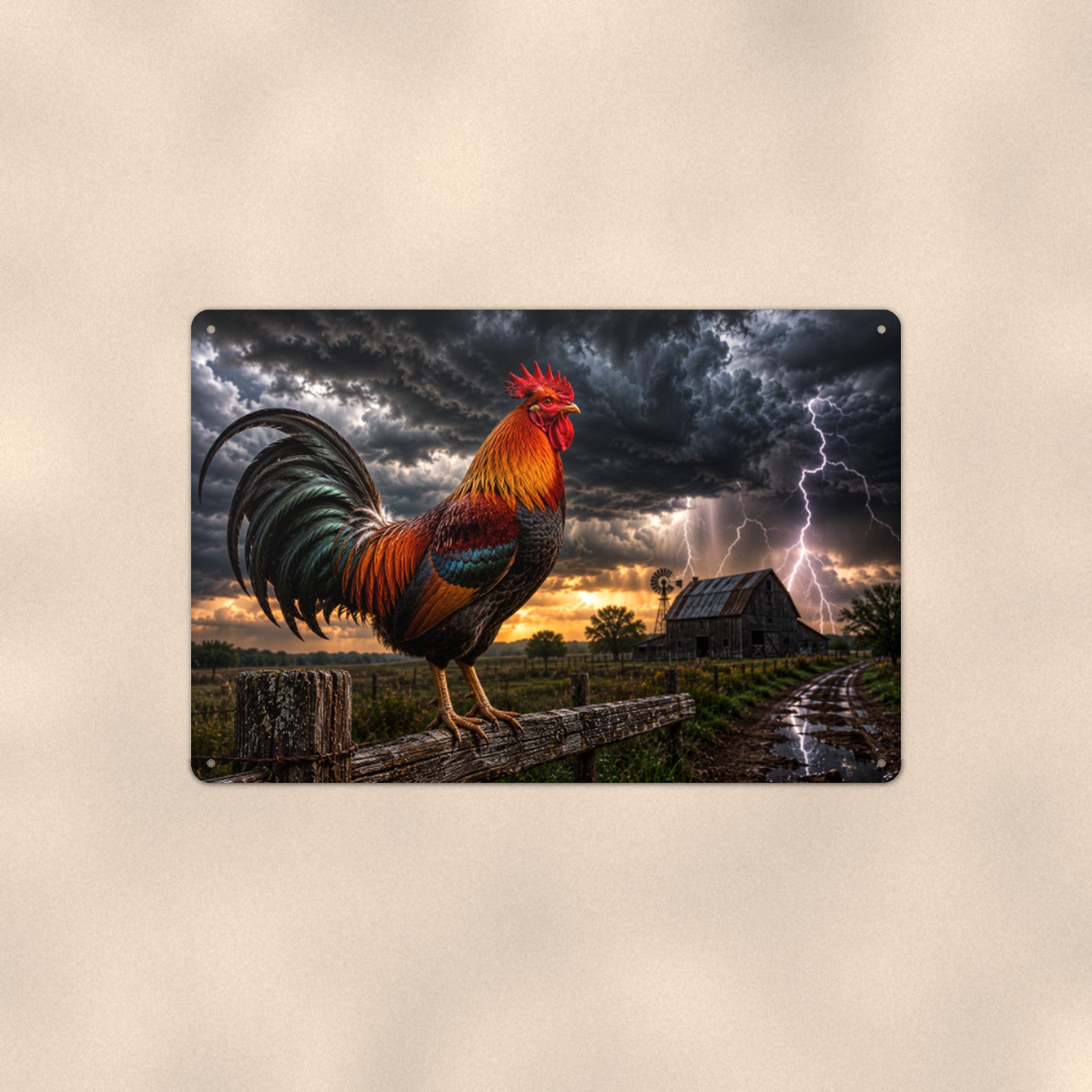 Rooster in the Lightning Storm aluminum metal sign 12" x 8" - front view on warm wall