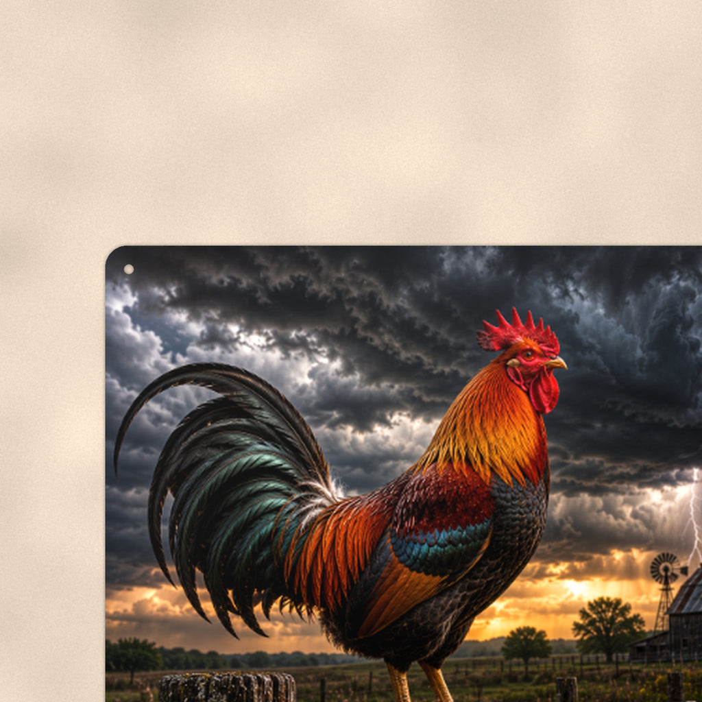 Rooster in the Lightning Storm aluminum metal sign 12" x 8" - close-up view of the printed artwork