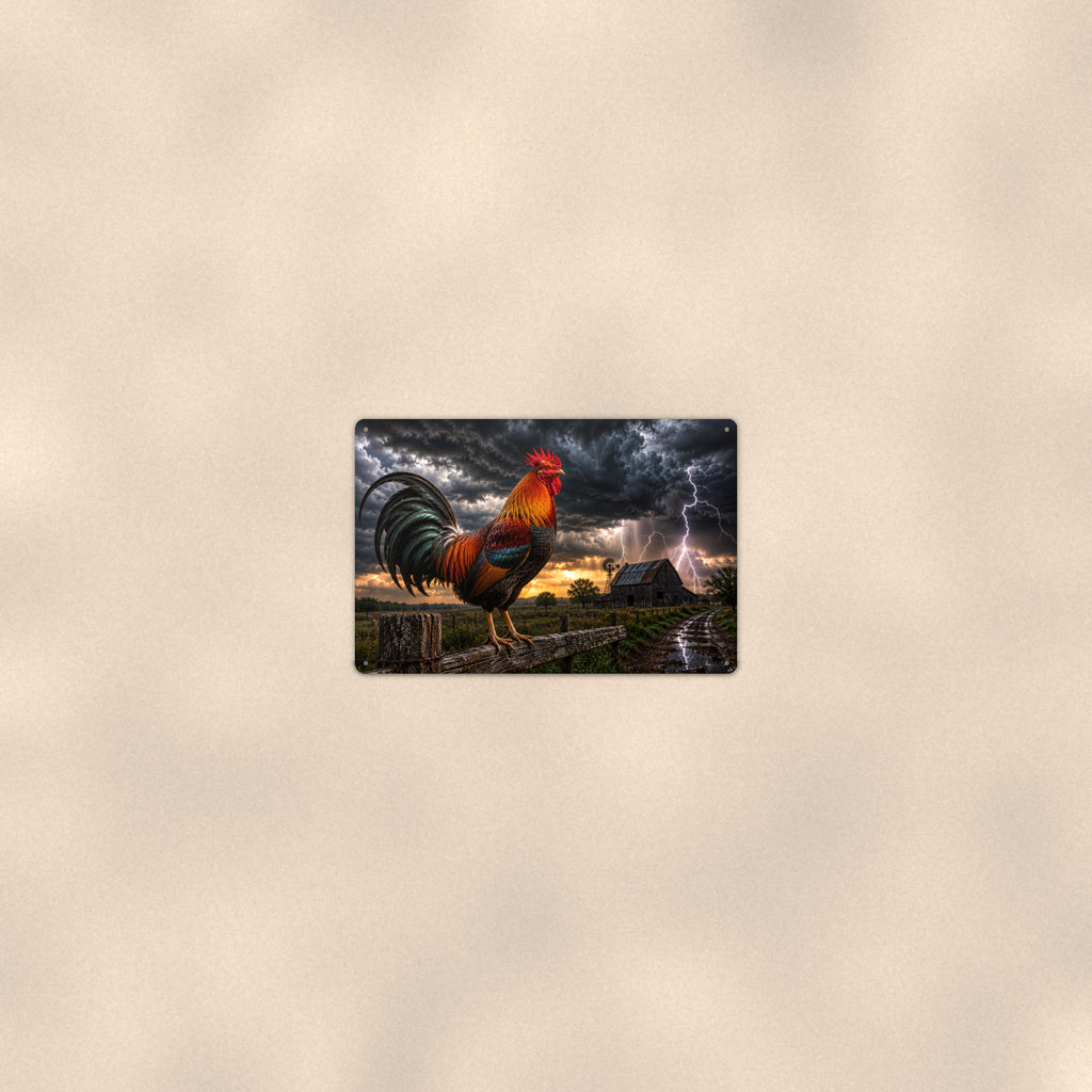 Rooster in the Lightning Storm aluminum metal sign 12" x 8" - room view on warm wall