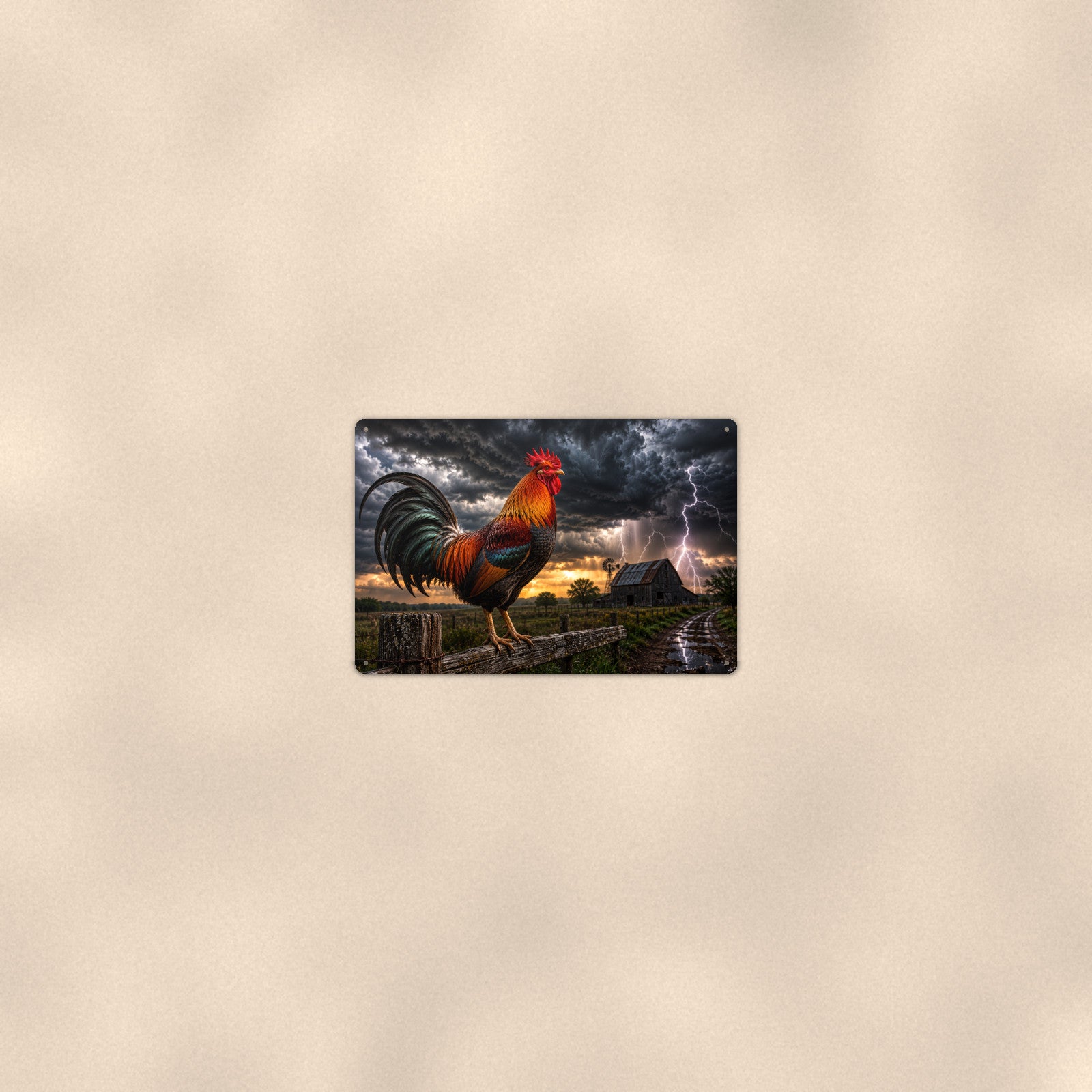 Rooster in the Lightning Storm aluminum metal sign 12" x 8" - room view on warm wall