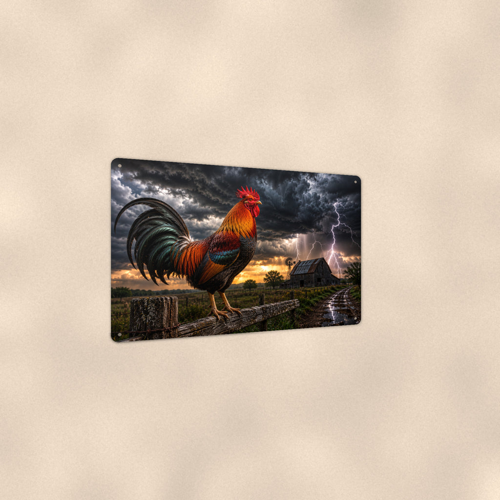 Rooster in the Lightning Storm aluminum metal sign 12" x 8" - angled view showing glossy finish