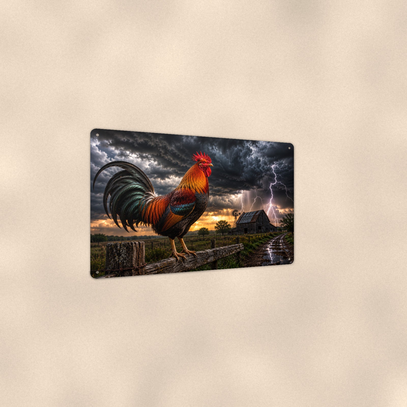 Rooster in the Lightning Storm aluminum metal sign 12" x 8" - angled view showing glossy finish