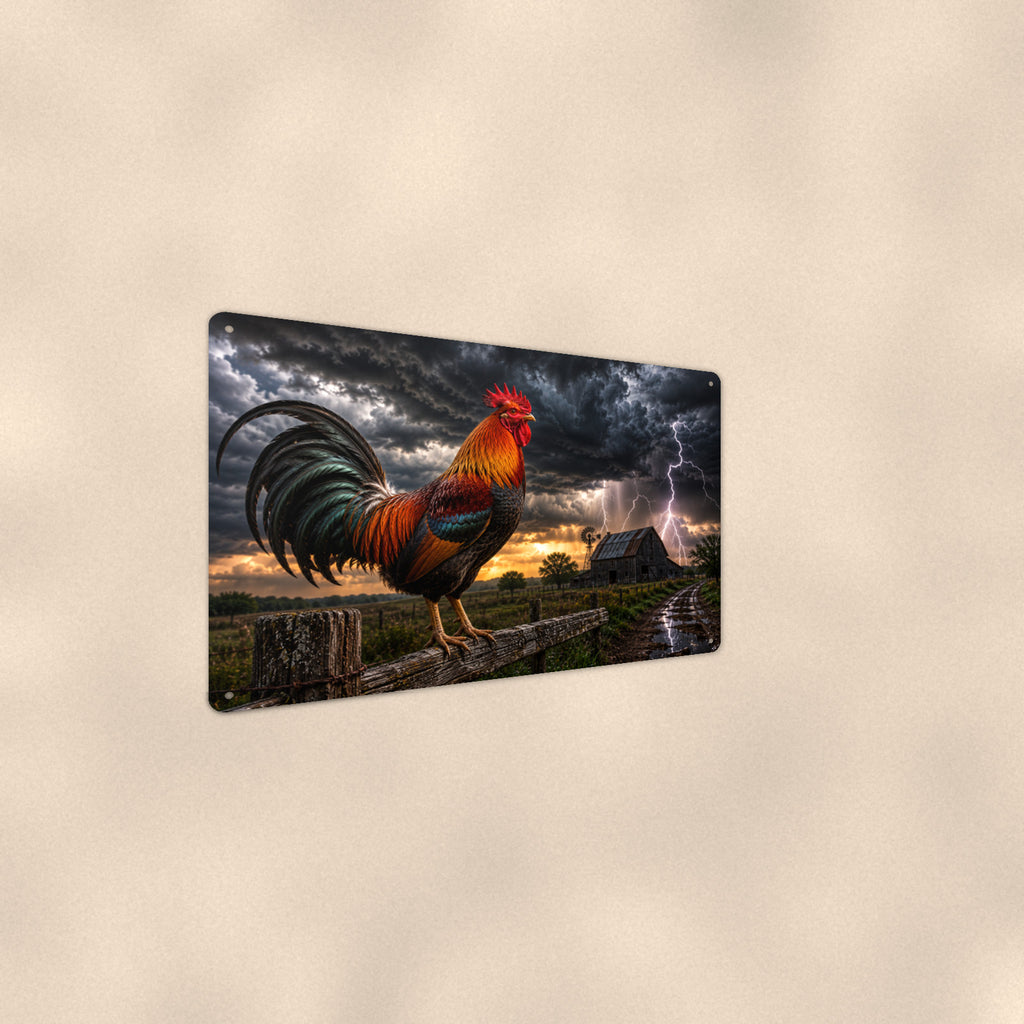 Rooster in the Lightning Storm aluminum metal sign 12" x 8" - angled wall view from a wider angle
