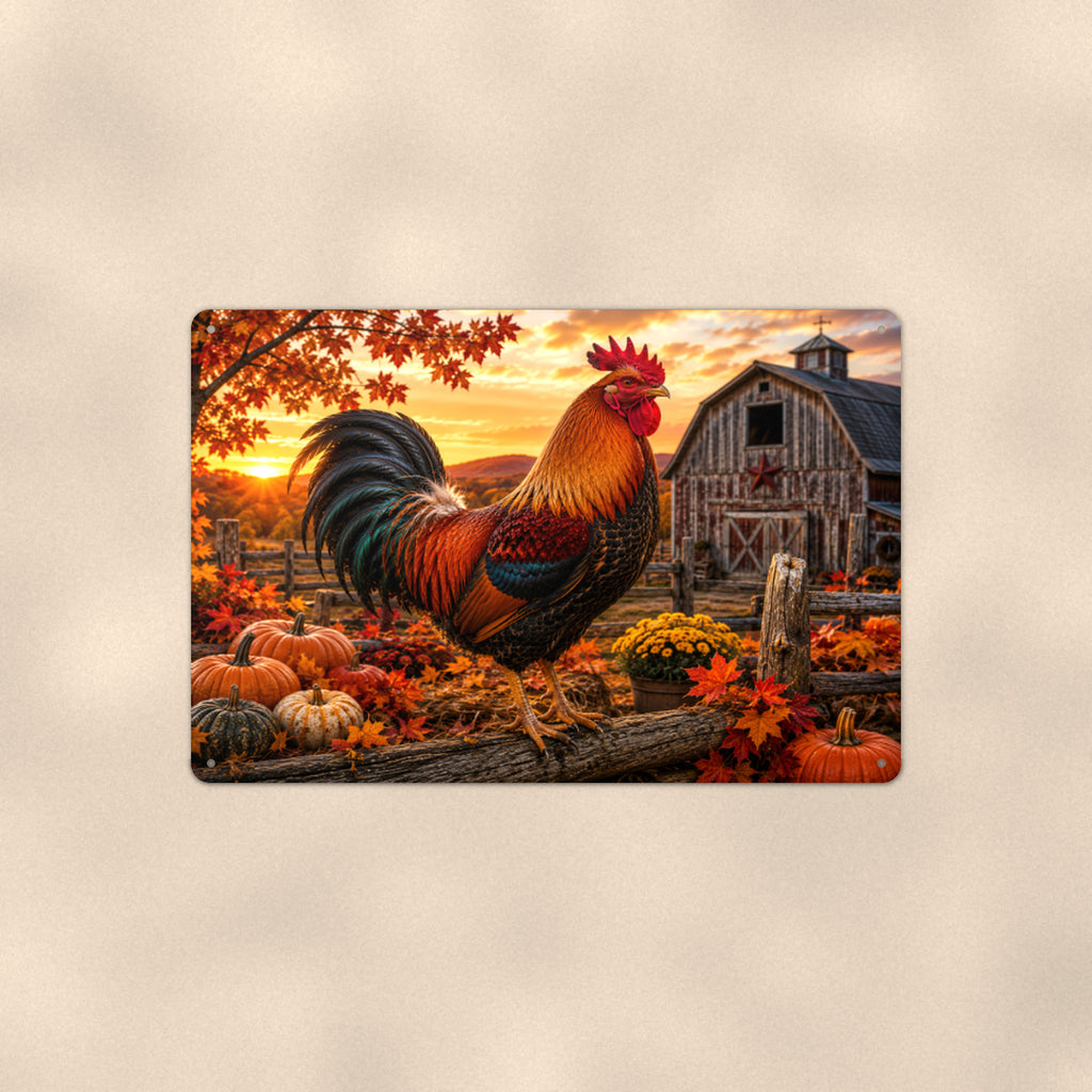 Rooster with Autumn Pumpkins aluminum metal sign 12" x 8" - front view on warm wall