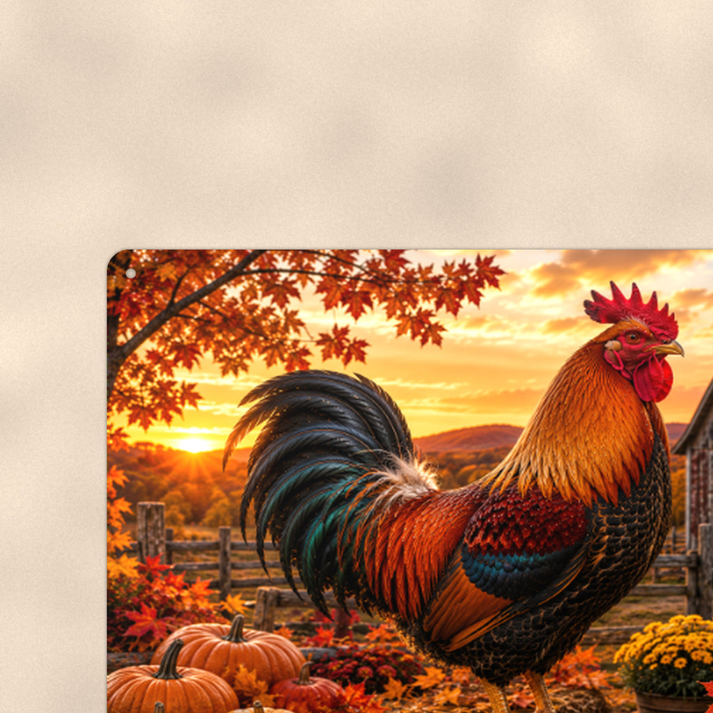 Rooster with Autumn Pumpkins aluminum metal sign 12" x 8" - close-up view of the printed artwork