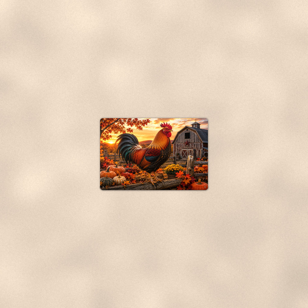 Rooster with Autumn Pumpkins aluminum metal sign 12" x 8" - room view on warm wall