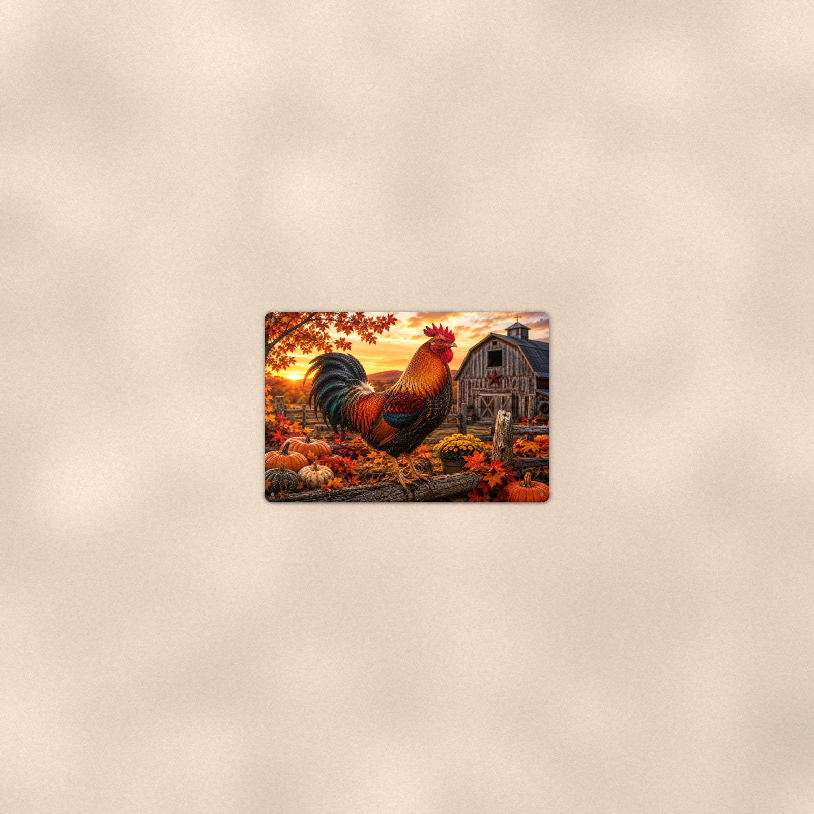 Rooster with Autumn Pumpkins aluminum metal sign 12" x 8" - room view on warm wall