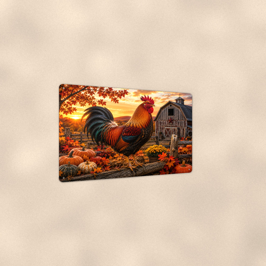 Rooster with Autumn Pumpkins aluminum metal sign 12" x 8" - angled view showing glossy finish