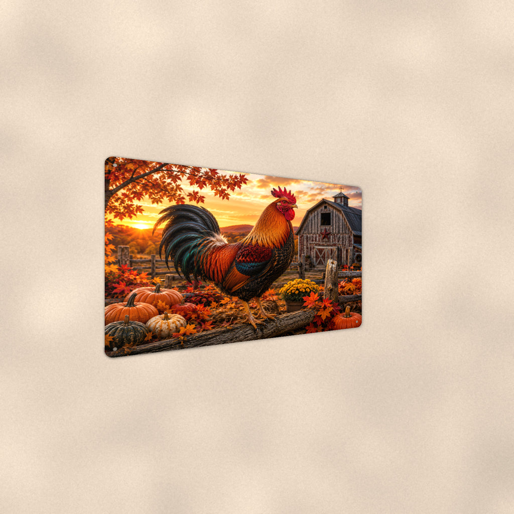 Rooster with Autumn Pumpkins aluminum metal sign 12" x 8" - angled wall view from a wider angle