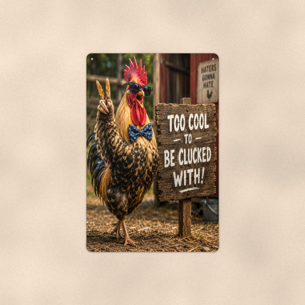 Too Cool to Be Clucked With aluminum metal sign 8" x 12" - front view on warm wall