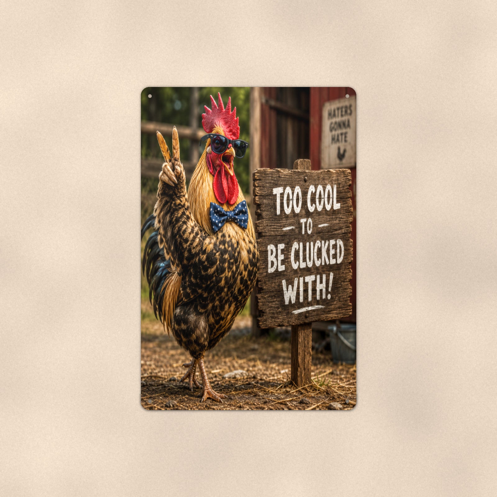 Too Cool to Be Clucked With aluminum metal sign 8" x 12" - front view on warm wall