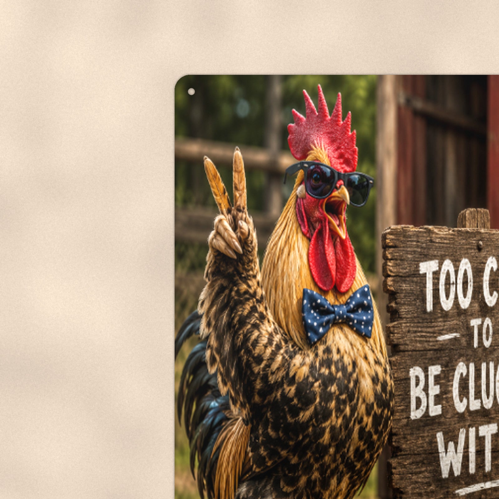Too Cool to Be Clucked With aluminum metal sign 8" x 12" - close-up view of the printed artwork