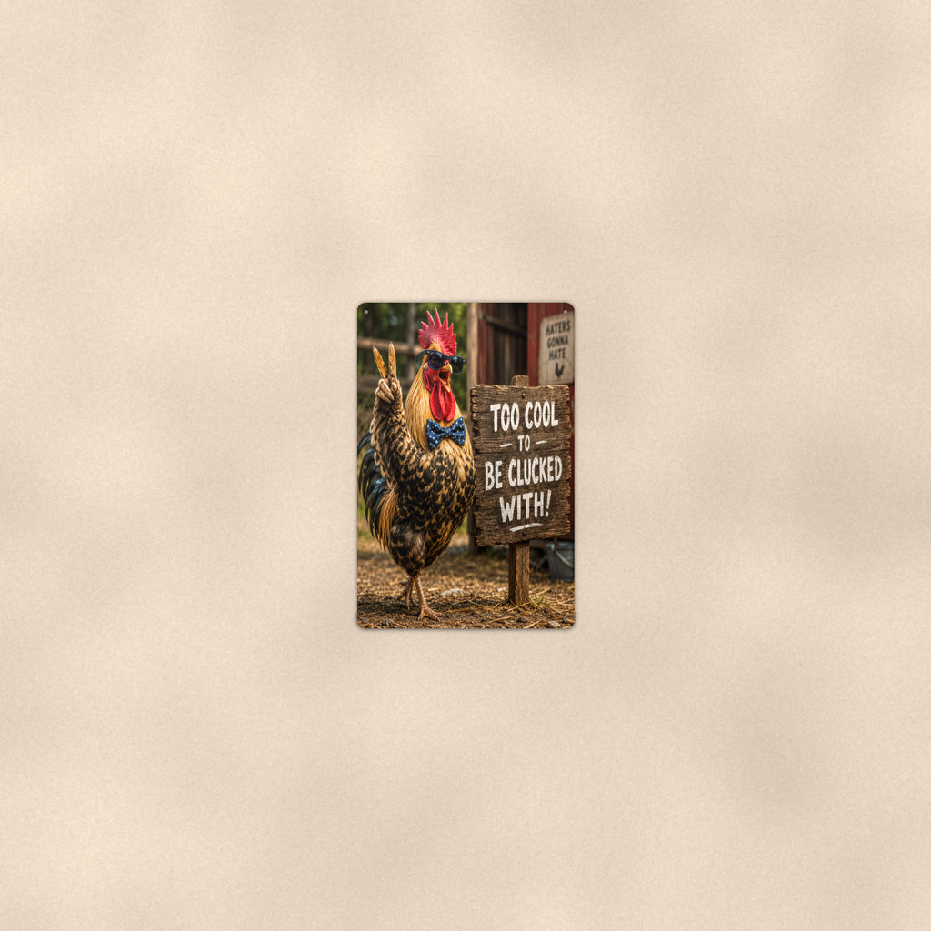 Too Cool to Be Clucked With aluminum metal sign 8" x 12" - room view on warm wall