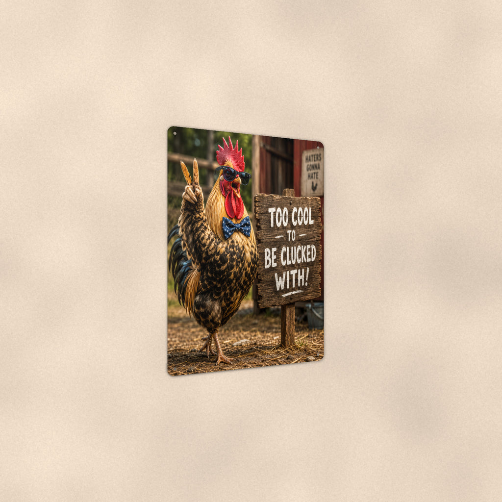 Too Cool to Be Clucked With aluminum metal sign 8" x 12" - angled view showing glossy finish