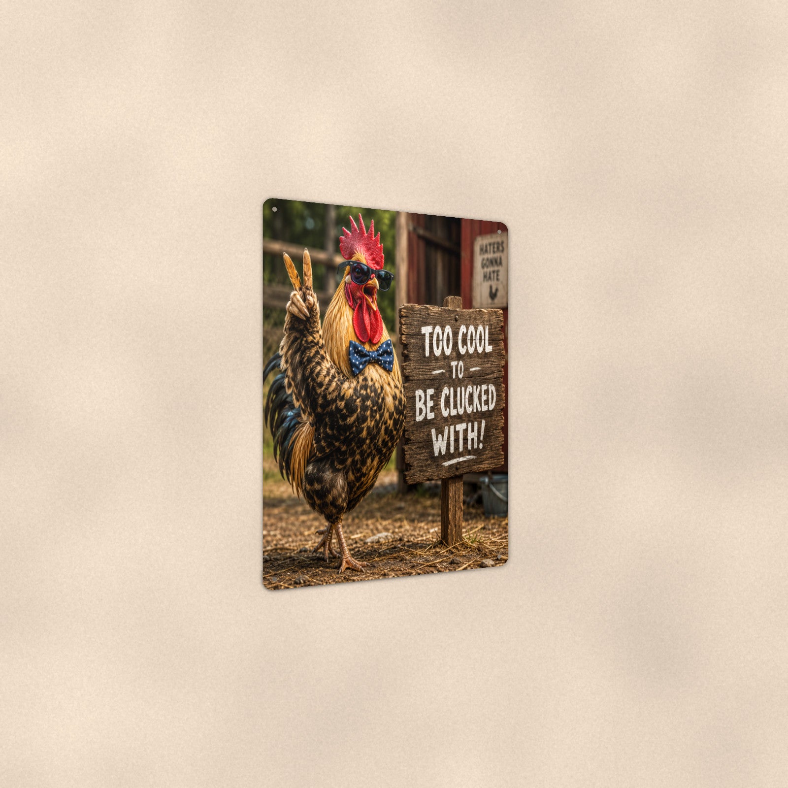 Too Cool to Be Clucked With aluminum metal sign 8" x 12" - angled view showing glossy finish