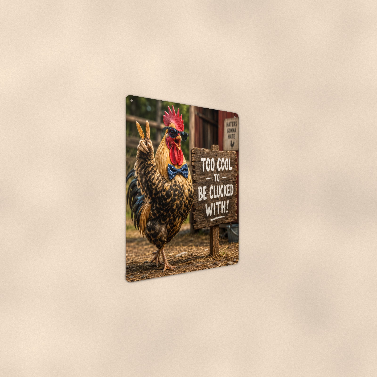 Too Cool to Be Clucked With aluminum metal sign 8" x 12" - angled wall view from a wider angle
