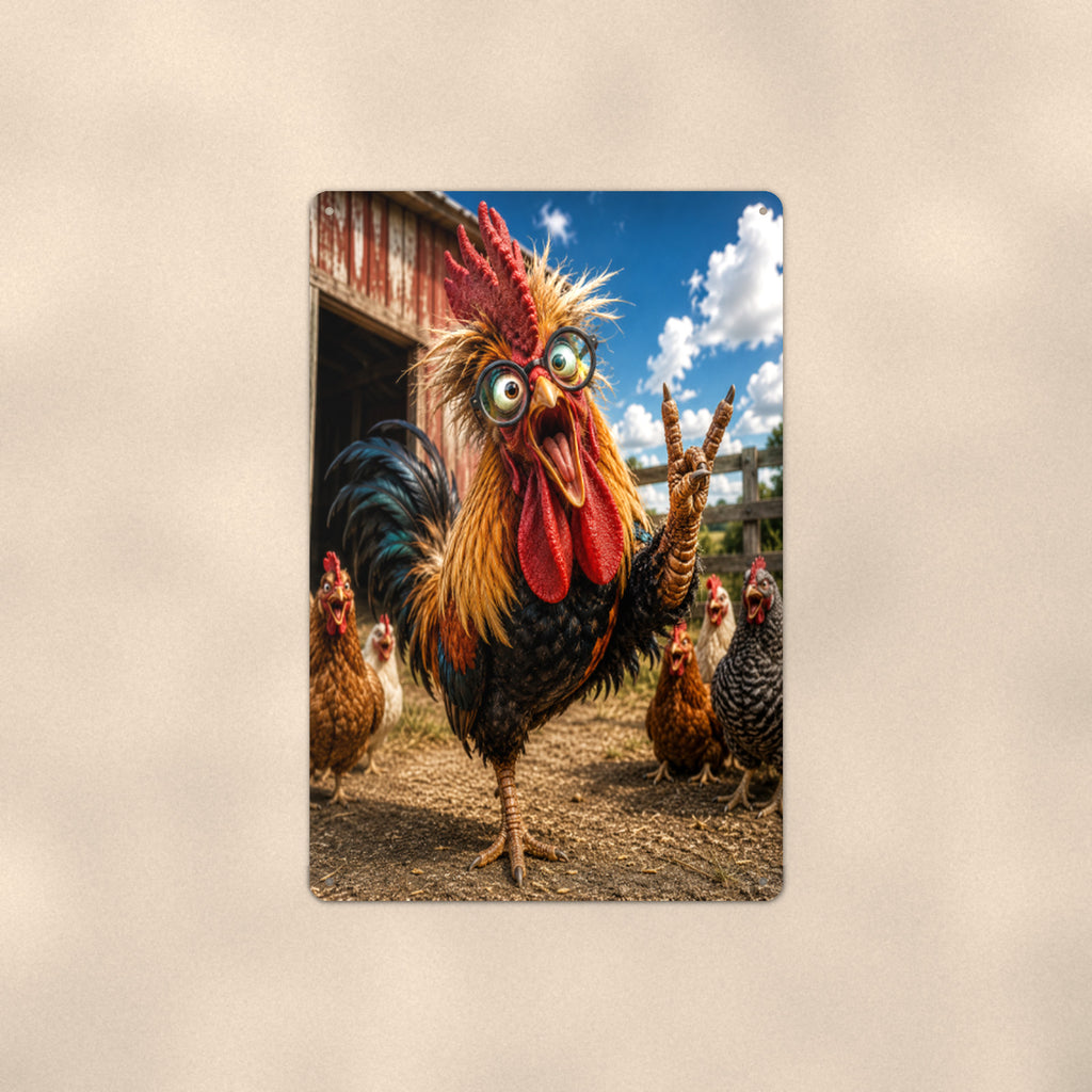 Crazy Rooster Peace Out aluminum metal sign 8" x 12" - front view on warm wall